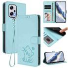 For Redmi K50i / Note 12T Pro Embossed Heart Cat Leather Phone Case with Hand Strap(Mint Green) - 1