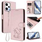 For Redmi Note 12 Pro+ 5G India Embossed Heart Cat Leather Phone Case with Hand Strap(Pink) - 1