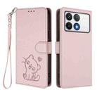 For Xiaomi Poco F6 Pro 5G Embossed Heart Cat Leather Phone Case with Hand Strap(Pink) - 2