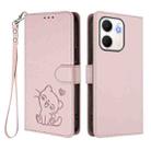 For OPPO A5x 5G / 4G Global Embossed Heart Cat Leather Phone Case with Hand Strap(Pink) - 2