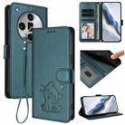 For OPPO Find X7 Ultra Embossed Heart Cat Leather Phone Case with Hand Strap(Dark Green) - 1