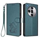 For OPPO Find X7 Ultra Embossed Heart Cat Leather Phone Case with Hand Strap(Dark Green) - 2