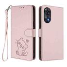 For OPPO Reno8 T 4G Global Embossed Heart Cat Leather Phone Case with Hand Strap(Pink) - 2