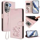 For OPPO Reno11 5G Global Embossed Heart Cat Leather Phone Case with Hand Strap(Pink) - 1