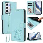 For OPPO Reno12 5G Global Embossed Heart Cat Leather Phone Case with Hand Strap(Mint Green) - 1