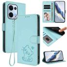 For OPPO Reno13 5G Global Embossed Heart Cat Leather Phone Case with Hand Strap(Mint Green) - 1