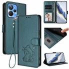 For Realme 10T 5G / 10S 5G Embossed Heart Cat Leather Phone Case with Hand Strap(Dark Green) - 1