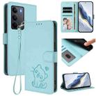 For Realme C75 4G Global / 14x 5G India Embossed Heart Cat Leather Phone Case with Hand Strap(Mint Green) - 1