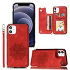 For iPhone 12 mini Mandala Embossed PU + TPU Case with Holder & Card Slots & Photo Frame & Hand Strap(Red) - 1