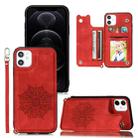 For iPhone 12 / 12 Pro Mandala Embossed PU + TPU Case with Holder & Card Slots & Photo Frame & Hand Strap(Red) - 1