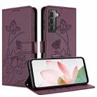 For Samsung Galaxy S21 FE 5G Lotus Embossed Leather Phone Case with Lanyard(Wine Red) - 2