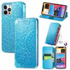 For iPhone 12 / 12 Pro Blooming Mandala Embossed Pattern Magnetic Horizontal Flip Leather Case with Holder & Card Slots & Wallet(Blue) - 1