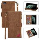 For iPhone SE 2022 / SE 2020 / 8 / 7 Zipper Multi-card Slots Horizontal Flip PU Leather Case with Holder & Card Slots & Wallet & Lanyard & Photo Frame(Brown) - 1