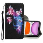 For iPhone 11 Coloured Drawing Pattern Horizontal Flip PU Leather Case with Holder & Card Slots & Wallet & Lanyard (Three Fluorescent Butterflies) - 1