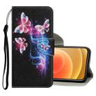 For iPhone 12 mini Coloured Drawing Pattern Horizontal Flip PU Leather Case with Holder & Card Slots & Wallet & Lanyard (Three Fluorescent Butterflies) - 1