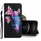 For iPhone 12 / 12 Pro Coloured Drawing Pattern Horizontal Flip PU Leather Case with Holder & Card Slots & Wallet & Lanyard(Three Fluorescent Butterflies) - 1