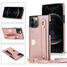 For iPhone 12 Pro Max PU+TPU Shockproof Protective Case with Crossbody Lanyard & Holder & Card Slot & Wrist Strap(Rose Gold) - 1