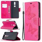 For Nokia 2.4 Two Butterflies Embossing Pattern Horizontal Flip Leather Case with Holder & Card Slot & Wallet & Lanyard(Rose Red) - 1