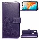 Lucky Clover Pressed Flowers Pattern Leather Case for Huawei Y6 2019, with Holder & Card Slots & Wallet & Hand Strap (Purple) - 1