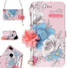 For Huawei  P10 Lite Pink Background Blue Rose Pattern Horizontal Flip Leather Case with Holder & Card Slots & Pearl Flower Ornament & Chain - 1