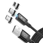 KUULAA KL-X25 1m 3A Max 3 in 1 USB to 8 Pin + USB-C / Type-C + Micro USB Flat Magnetic Metal Connector Nylon Braided Magnetic Data Cable (Black) - 1