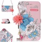 For iPhone 7 Plus & 8 Plus Pink Background Blue Rose Pattern Horizontal Flip Leather Case with Holder & Card Slots & Pearl Flower Ornament & Chain - 1