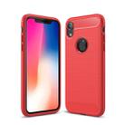 For iPhone XR Brushed Texture Carbon Fiber Shockproof TPU Protective Back Case(Red) - 1