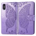 For iPhone XS Max Butterfly Love Flowers Embossing Horizontal Flip Leather Case with Holder & Card Slots & Wallet & Lanyard (Light Purple) - 1
