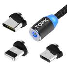 TOPK 1m 2.4A Max USB to 8 Pin + USB-C / Type-C + Micro USB Nylon Braided Magnetic Charging Cable with LED Indicator(Black) - 1