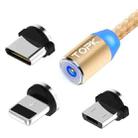 TOPK 1m 2.4A Max USB to 8 Pin + USB-C / Type-C + Micro USB Nylon Braided Magnetic Charging Cable with LED Indicator(Gold) - 1