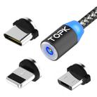 TOPK AM23 1m 2.1A Output USB to 8 Pin + USB-C / Type-C + Micro USB Mesh Braided Magnetic Charging Cable with LED Indicator(Grey) - 1