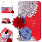 For LG K8 (2017) (EU Version) Red Background Chrysanthemum Pattern Horizontal Flip Leather Case with Holder & Card Slots & Pearl Flower Ornament & Chain - 1