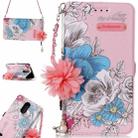 For LG K8 (2017) (EU Version) Pink Background Blue Rose Pattern Horizontal Flip Leather Case with Holder & Card Slots & Pearl Flower Ornament & Chain - 1