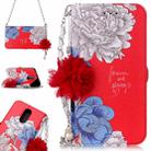 For LG K10 (2017) (EU Version) Red Background Chrysanthemum Pattern Horizontal Flip Leather Case with Holder & Card Slots & Pearl Flower Ornament & Chain - 1