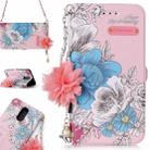 For LG K10 (2017) (EU Version) Pink Background Blue Rose Pattern Horizontal Flip Leather Case with Holder & Card Slots & Pearl Flower Ornament & Chain - 1