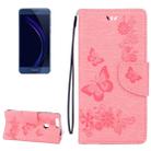 For Huawei  Honor 8 Butterflies Embossing Horizontal Flip Leather Case with Holder & Card Slots & Wallet & Lanyard(Pink) - 1