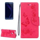 For Huawei  Honor 8 Butterflies Embossing Horizontal Flip Leather Case with Holder & Card Slots & Wallet & Lanyard(Magenta) - 1