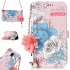 For Galaxy J3 (2017) (EU Version) Pink Background Blue Rose Pattern Horizontal Flip Leather Case with Holder & Card Slots & Pearl Flower Ornament & Chain - 1