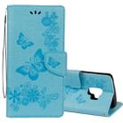 For Galaxy S9 Vintage Embossed Floral Butterfly Pattern Horizontal Flip Leather Case with Card Slot & Holder & Wallet & Lanyard(Blue) - 1