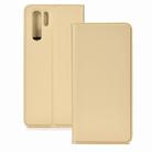 Ultra-thin Pressed Magnetic TPU+PU Leather Case for Huawei P30 Pro with Card Slot & Holder(Gold) - 1