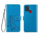 For Samsung Galaxy A21s Four-leaf Clasp Embossed Buckle Mobile Phone Protection Leather Case with Lanyard & Card Slot & Wallet & Bracket Function(Blue) - 1