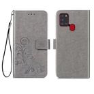 For Samsung Galaxy A21s Four-leaf Clasp Embossed Buckle Mobile Phone Protection Leather Case with Lanyard & Card Slot & Wallet & Bracket Function(Gray) - 1