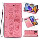 For Samsung Galaxy A21s Lovely Cat and Dog Embossing Pattern Horizontal Flip Leather Case , with Holder & Card Slots & Wallet & Cartoon Clasp & Lanyard(Pink) - 1