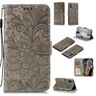 For Huawei Y6P Lace Flower Embossing Pattern Horizontal Flip Leather Case , with Holder & Card Slots & Wallet & Photo Frame & Lanyard(Grey) - 1