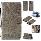 For Samsung Galaxy A21s Lace Flower Embossing Pattern Horizontal Flip Leather Case , with Holder & Card Slots & Wallet & Photo Frame & Lanyard(Grey) - 1