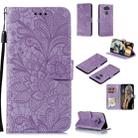 For LG K31 Lace Flower Embossing Pattern Horizontal Flip Leather Case , with Holder & Card Slots & Wallet & Photo Frame & Lanyard(Purple) - 1