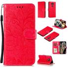 For LG K31 Lace Flower Embossing Pattern Horizontal Flip Leather Case , with Holder & Card Slots & Wallet & Photo Frame & Lanyard(Red) - 1