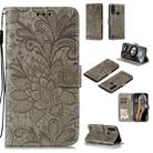 For Motorola Moto G8 Power Lite Lace Flower Embossing Pattern Horizontal Flip Leather Case , with Holder & Card Slots & Wallet & Photo Frame & Lanyard(Grey) - 1