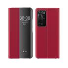 For Huawei P40 Pro Side Display Magnetic Horizontal Flip Plain Texture Cloth + PC Case with Holder & Sleep / Wake-up Function(Red) - 1