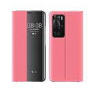For Huawei P40 Pro Side Display Magnetic Horizontal Flip Plain Texture Cloth + PC Case with Holder & Sleep / Wake-up Function(Pink) - 1